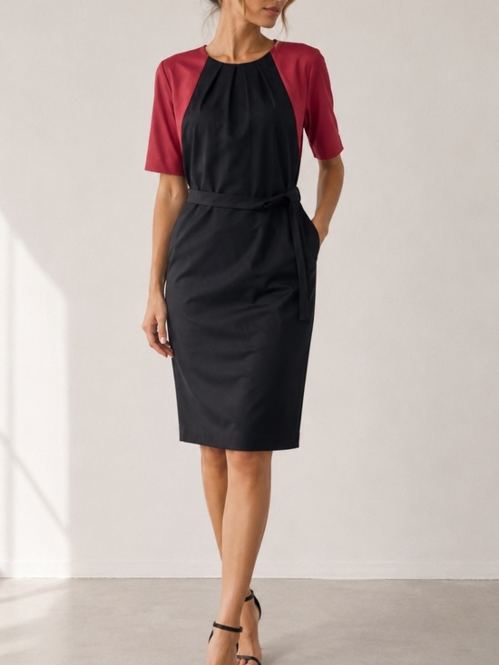 Escada Sport Black Knee Length Belted Designer Work Office Sheath Pencil Dress